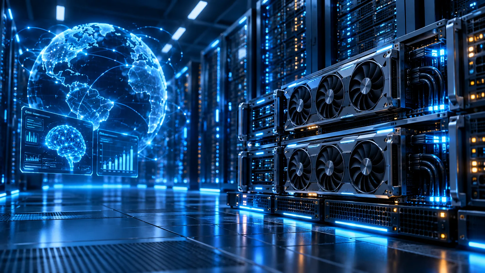 Illustration of AI computing servers and
                interconnected technology infrastructure